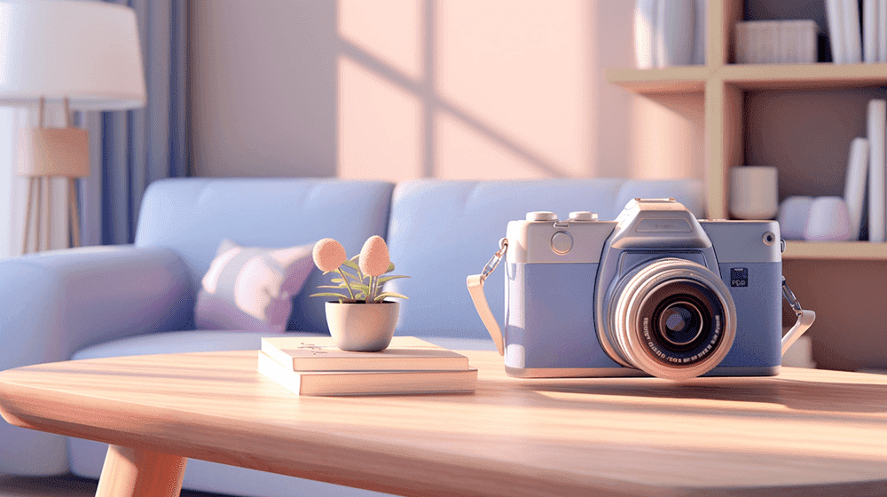 Photography is a great non-digital hobby that can turn into a business! Picture of a camera on top of a desk near a vase with some flowers.