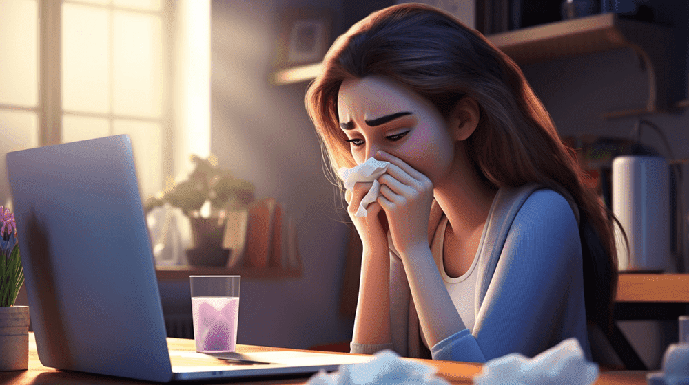 Careful with the scents you choose for your home office, be mindful or allergies! Image of a woman suffering from allergies in front of a computer.