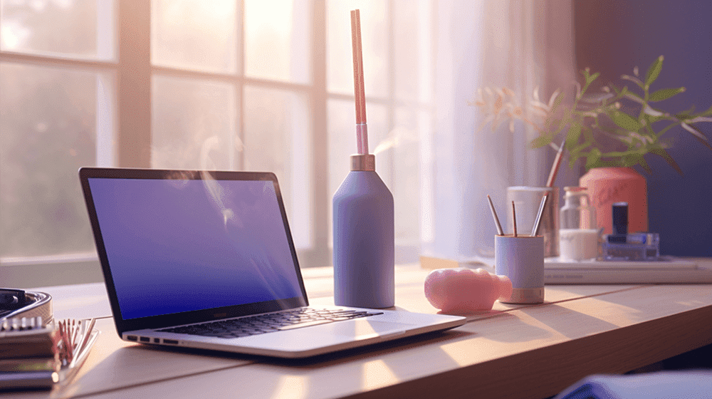 Diffusers are a great way to bring scents to your home office! Image of a table with a laptop and a diffuser on top. 