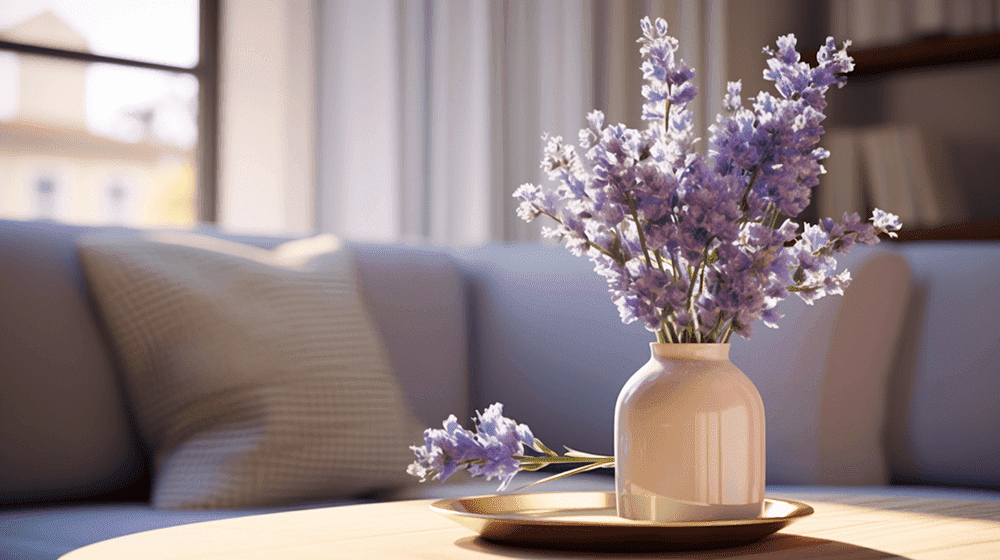 Lavender is a great fragrance to help with anxiety! Image of a vase with lavender flowers on it.