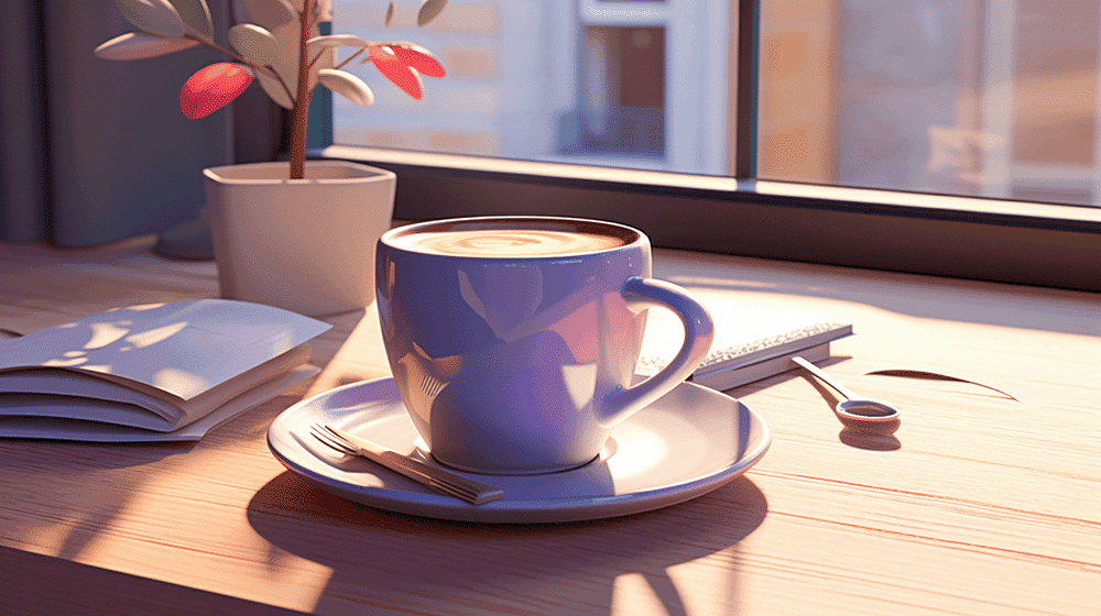 Having a hot beverage is a great way to keep warm while you work from home in winter. Picture of a coffee cup on a table. 