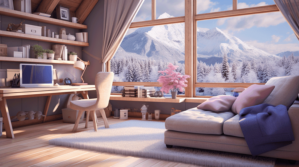 Decorating your home office can make all the difference to thrive during the winter months! Picture of a modern home office with a huge window with snowy views.