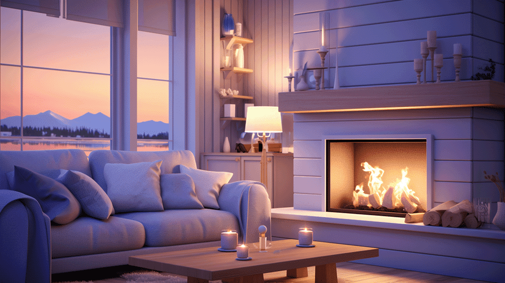 A fireplace is a great way to warm up the room when you are working from home in winter! Picture of a fireplace in a modern living room. 