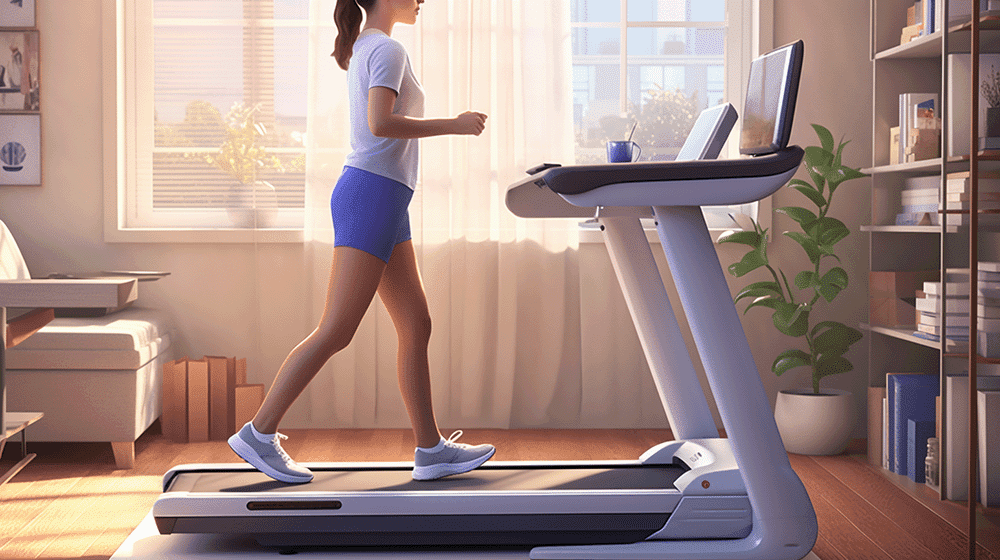 A Walking pad is a great day to walk while home! Woman walking on a treadmill while watching a screen.